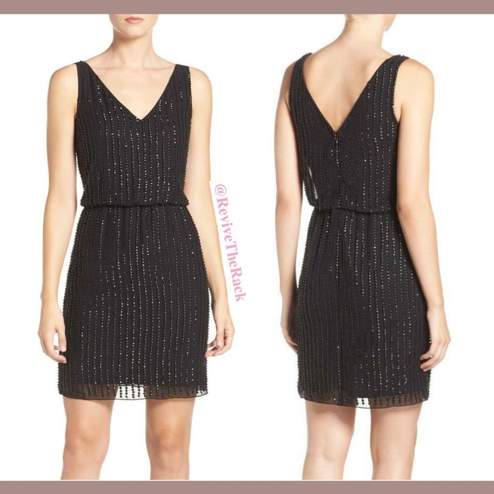 NEW $250 Adrianna Papell Sequin Mesh Blouson Dress‎ in Black [SZ 6 ]